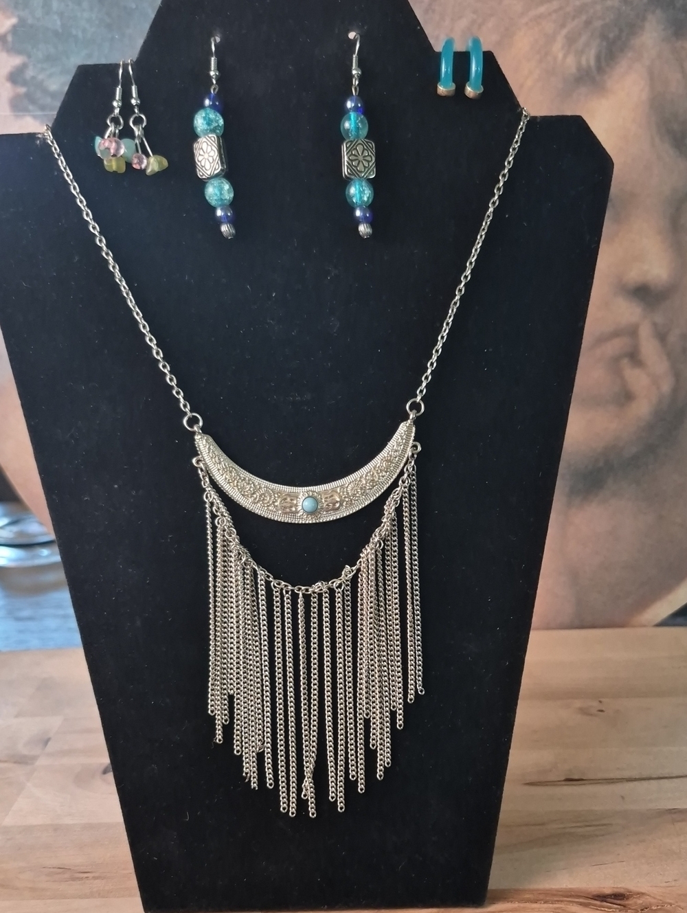 Silver Fringe Crescent Necklace with Turquoise Accent - Women Jewelry